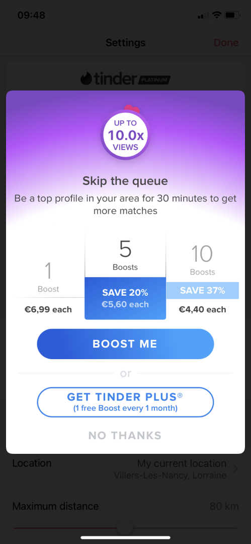 Tinder - Buying credits