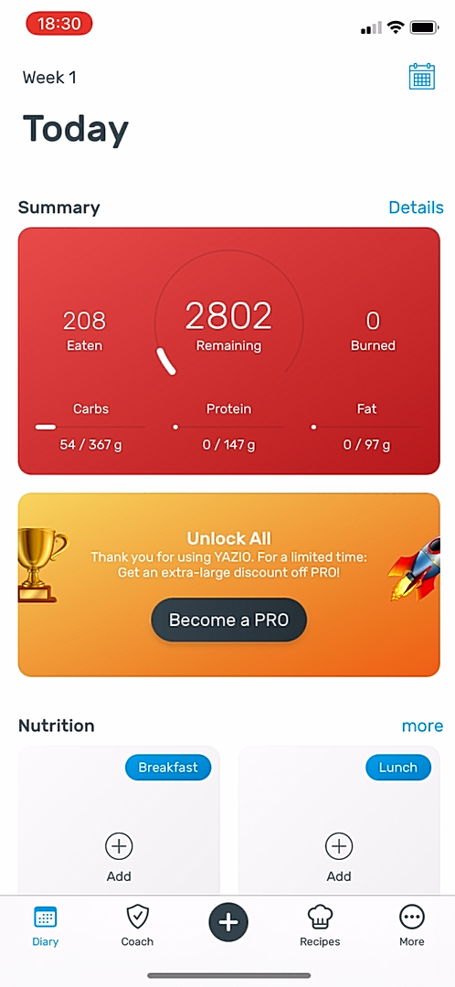 Yazio - Completing a diary - Screen 8
