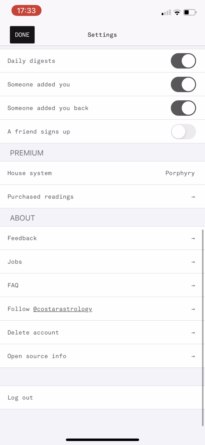 Co-Star - Settings - Screen 2