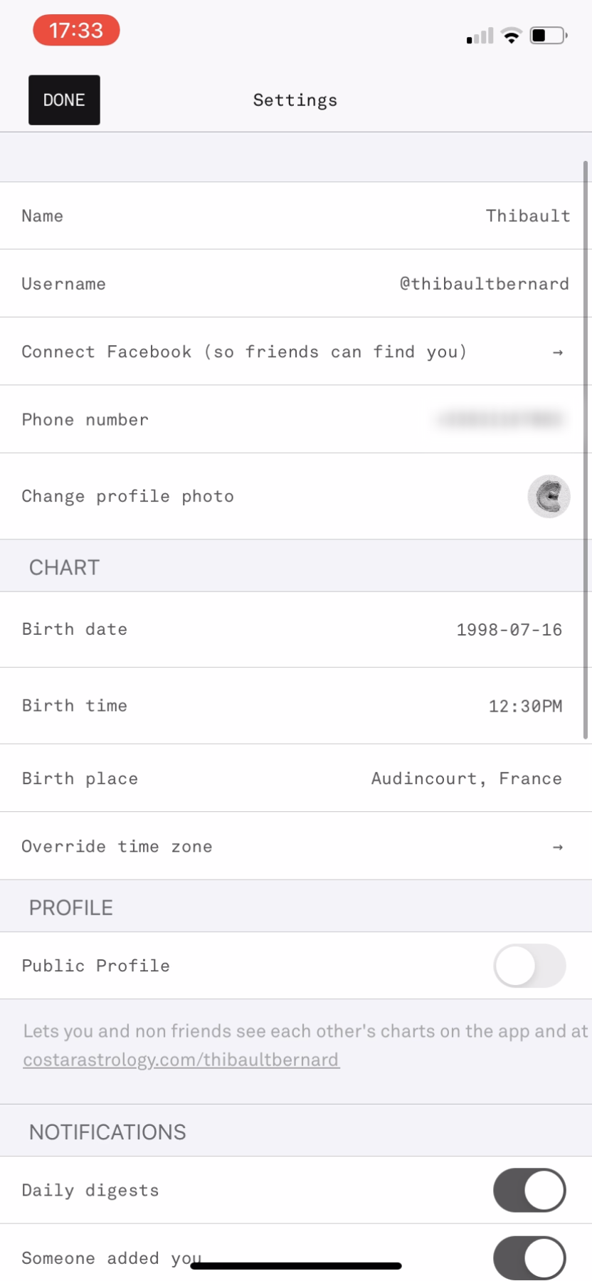 Co-Star - Settings - Screen 1
