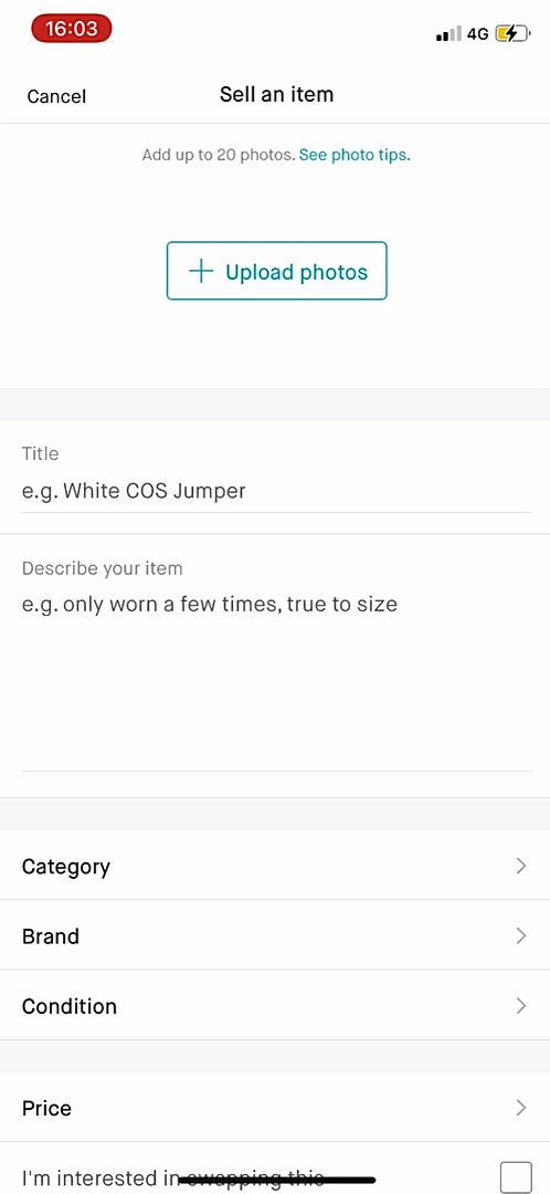 Vinted - Adding something - Screen 1