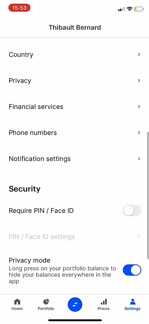 Coinbase - Settings - Screen 2