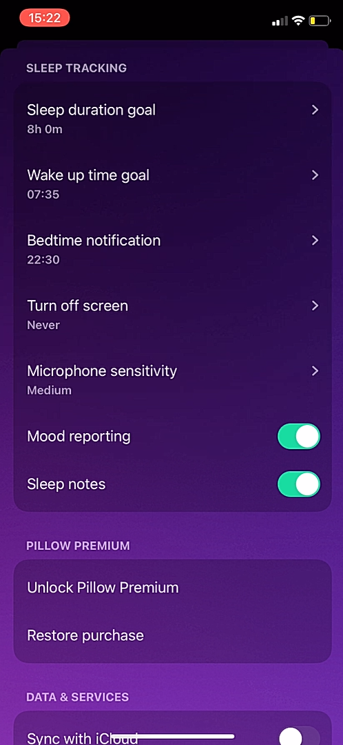 Pillow - Settings - Screen 3